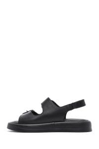 صندل زنانه مشکی چرمی کفی ضخیم دری مد