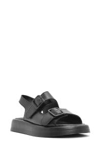 صندل زنانه مشکی چرمی کفی ضخیم دری مد