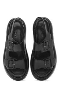 صندل زنانه مشکی چرمی کفی ضخیم دری مد