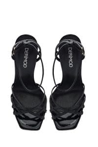 صندل زنانه چرمی مشکی ورنی با پاشنه بلند نازک و بنددار دری مد