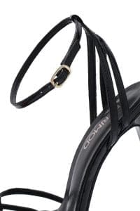 صندل زنانه چرمی مشکی ورنی با پاشنه بلند نازک و بنددار دری مد