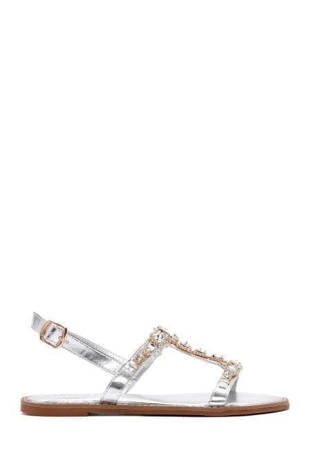 صندل های نگین داری مچ پا نقره ای زنانه