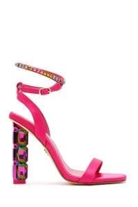 صندل پاشنه بلند زنانه  بند دار صورتی مچ پا دری مد