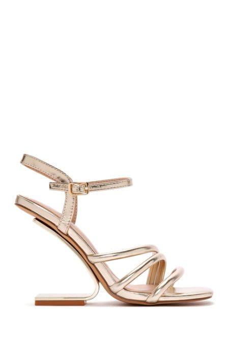 صندل پاشنه دار متالیک بند دار مچ پا طلایی زنانه