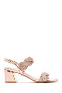 صندل پاشنه متوسط ​​ضخیم بند دار مچ پا صورتی زنانه