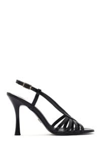 صندل چرمی پاشنه نازک سگک دار مشکی زنانه