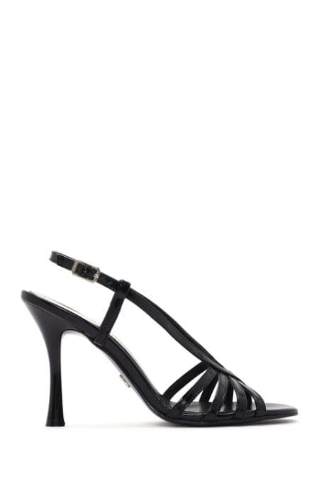 صندل چرمی پاشنه نازک سگک دار مشکی زنانه