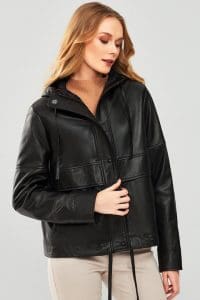 کاپشن چرم کلاهدار مشکی زنانه شلی دری مد