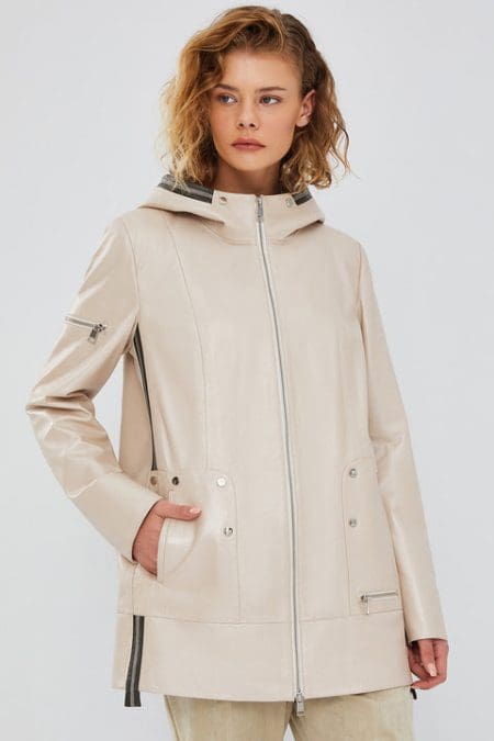 کت چرم کلاهدار بژ زنانه شانتال دری مد