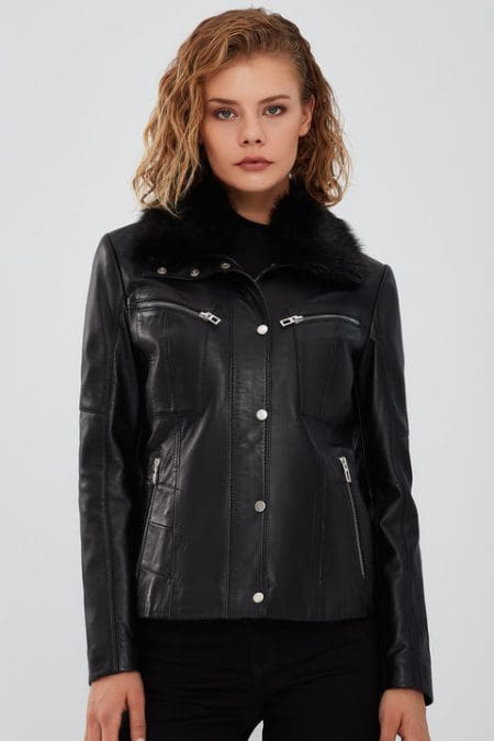 کت چرم یقه خز مشکی زنانه Vivien دری مد