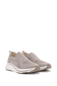 کتونی زنانه بژ چرم با زیره ضخیم پارچه ای دری مد