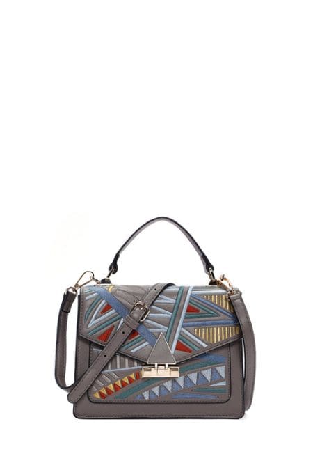 کیف دستی زنانه با بند بلند طوسی چاپ شده دری مد