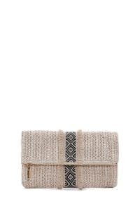 کیف دستی زنانه حصیری بژ مینی با بند زنجیری بلند دری مد