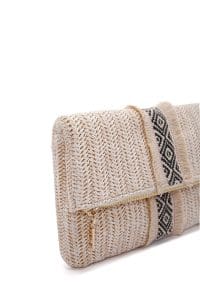 کیف دستی زنانه حصیری بژ مینی با بند زنجیری بلند دری مد