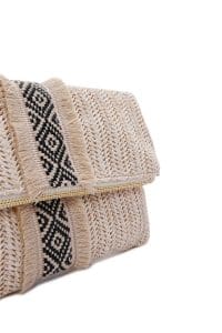 کیف دستی زنانه حصیری بژ مینی با بند زنجیری بلند دری مد