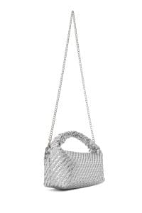 کیف زنانه مینی دستی نقره‌ای بند بلند بافت‌دار دری مد
