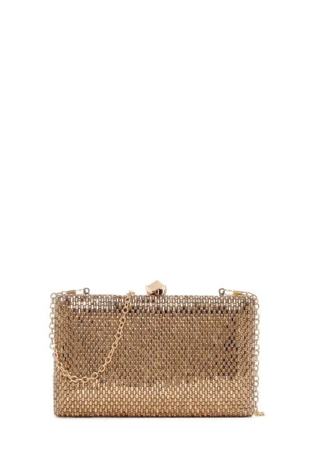 کیف مجلسی زنانه طلایی بند بلند زنجیری جعبه‌ای نگین‌دار دری مد