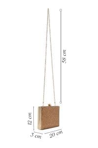 کیف مجلسی زنانه طلایی بند بلند زنجیری جعبه‌ای نگین‌دار دری مد