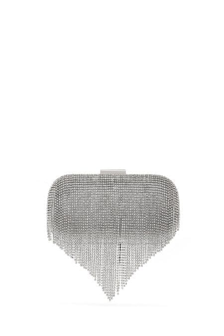 کیف مینی کلاچ زنانه نقره‌ای بند بلند زنجیری نگین‌دار دری مد