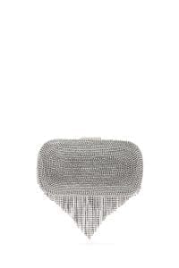 کیف مینی کلاچ زنانه نقره‌ای بند بلند زنجیری نگین‌دار دری مد