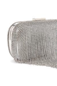 کیف مینی کلاچ زنانه نقره‌ای بند بلند زنجیری نگین‌دار دری مد