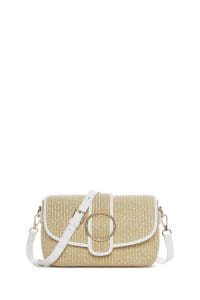 کیف کراس بادی زنانه چرم بژ بافت حصیری دری مد