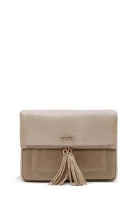 کیف کراس بادی زنانه چرم بژ بند بلند دری مد