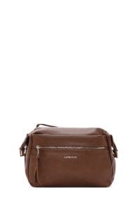 کیف کراس بادی زنانه چرم قهوه‌ای بند بلند دری مد