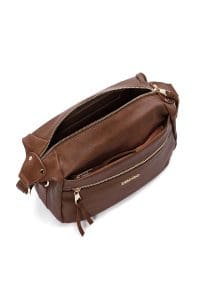 کیف کراس بادی زنانه چرم قهوه‌ای بند بلند دری مد