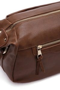 کیف کراس بادی زنانه چرم قهوه‌ای بند بلند دری مد