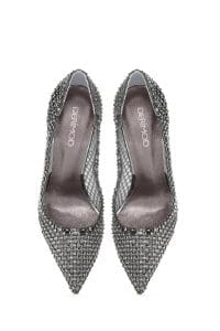 استیلتو زنانه نقره‌ای چرم نگین‌دار پاشنه نازک بلند دری مد