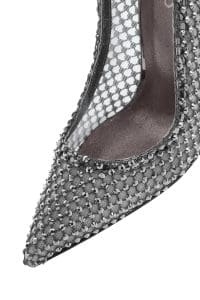 استیلتو زنانه نقره‌ای چرم نگین‌دار پاشنه نازک بلند دری مد