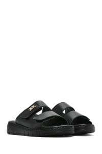 دمپایی راحتی زنانه چرم مشکی دو بندی دری مد