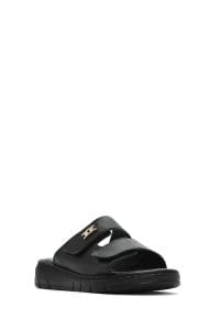 دمپایی راحتی زنانه چرم مشکی دو بندی دری مد