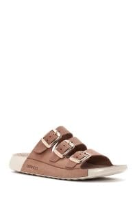 دمپایی راحتی زنانه چرم نوبوک بژ سگک‌دار دری مد