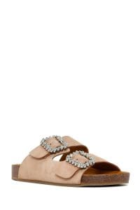 دمپایی زنانه جیر صورتی کم‌رنگ سگک‌دار نگین‌دار دری مد