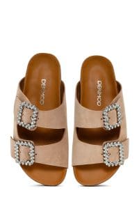 دمپایی زنانه جیر صورتی کم‌رنگ سگک‌دار نگین‌دار دری مد