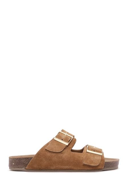 دمپایی زنانه جیر قهوه‌ای روشن دو سگکه دری مد