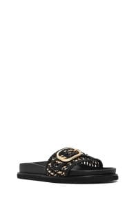 دمپایی زنانه حصیری چرمی مشکی سگک‌دار دری مد