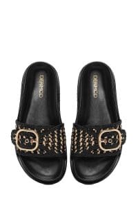 دمپایی زنانه حصیری چرمی مشکی سگک‌دار دری مد