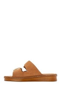 دمپایی زنانه راحتی چرمی جیر صورتی کم‌رنگ سگک‌دار دری مد