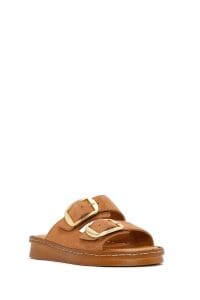 دمپایی زنانه راحتی چرمی جیر صورتی کم‌رنگ سگک‌دار دری مد