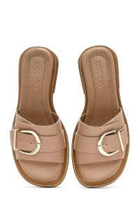 دمپایی زنانه چرمی بژ سگک‌دار دری مد