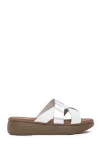 دمپایی زنانه چرمی طوسی با کف ضخیم دری مد