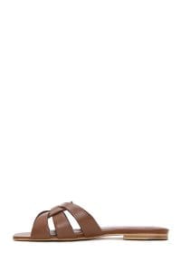 دمپایی زنانه چرمی قهوه ای روشن ساده دری مد