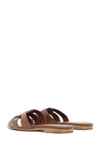 دمپایی زنانه چرمی قهوه ای روشن ساده دری مد