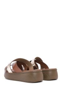 دمپایی زنانه چرمی قهوه‌ای روشن با کف ضخیم دری مد