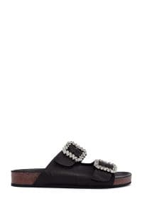 دمپایی زنانه چرمی مشکی نگین‌دار دری مد