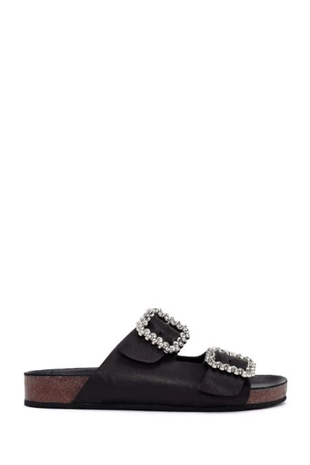 دمپایی زنانه چرمی مشکی نگین‌دار دری مد