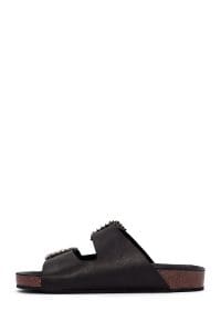 دمپایی زنانه چرمی مشکی نگین‌دار دری مد